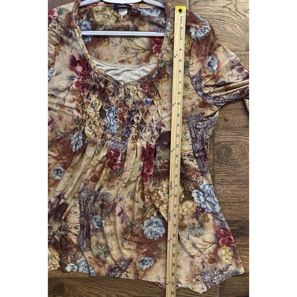 Cocomo Floral Boho Tunic Top S/M Pintuck Henley 3/4 Sleeve Handkerchief Hem - Picture 8 of 8